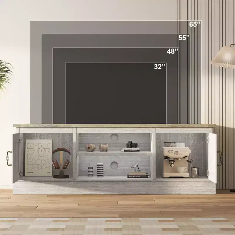 Farmhouse-style TV stand with storage cabinet, modern media console featuring rustic wood grain design, suitable for living rooms and home offices.