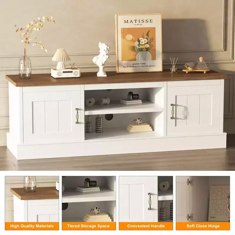 Farmhouse-style TV stand with storage cabinet, modern media console featuring rustic wood grain design, suitable for living rooms and home offices.