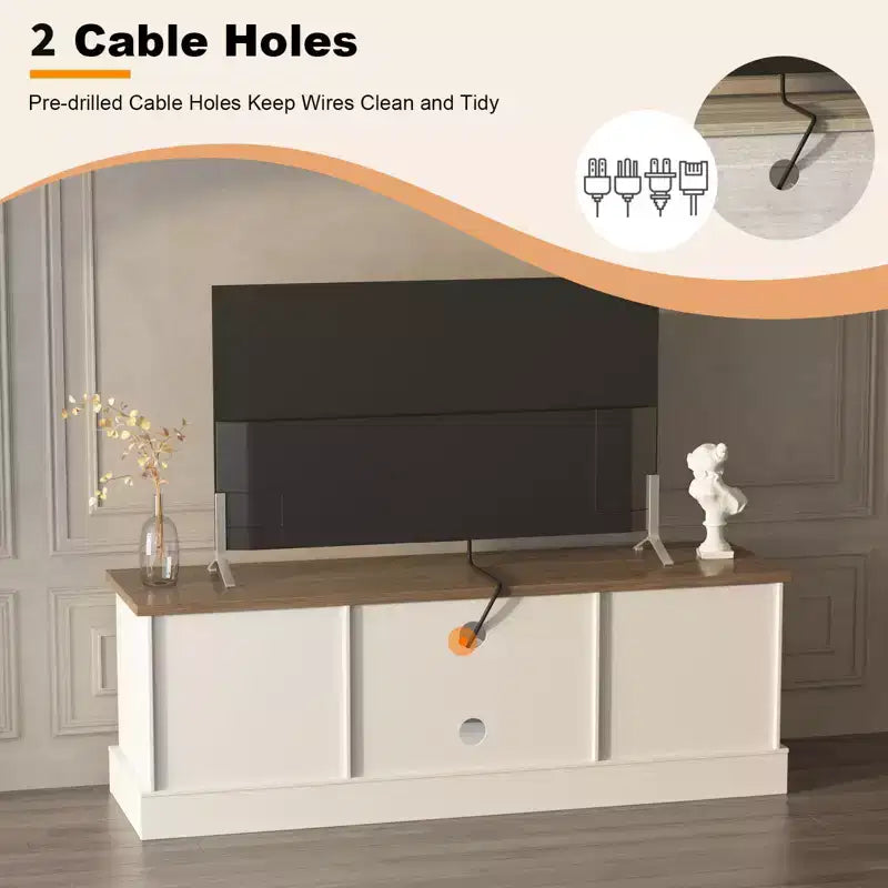 Farmhouse-style TV stand with storage cabinet, modern media console featuring rustic wood grain design, suitable for living rooms and home offices.