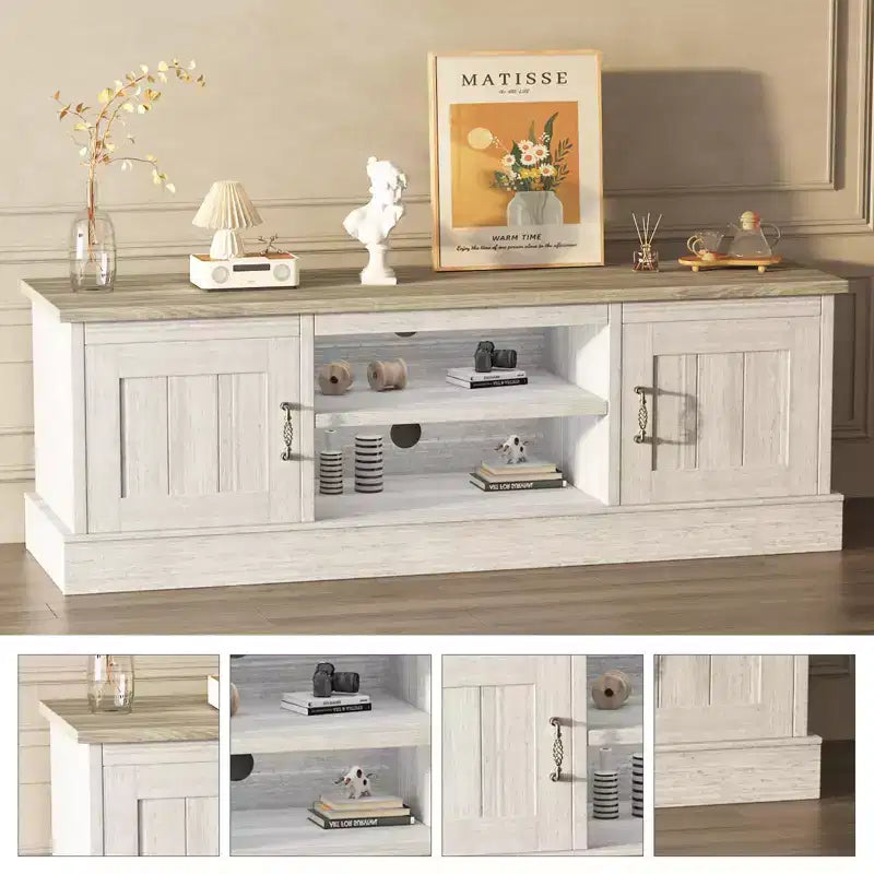Farmhouse-style TV stand with storage cabinet, modern media console featuring rustic wood grain design, suitable for living rooms and home offices.