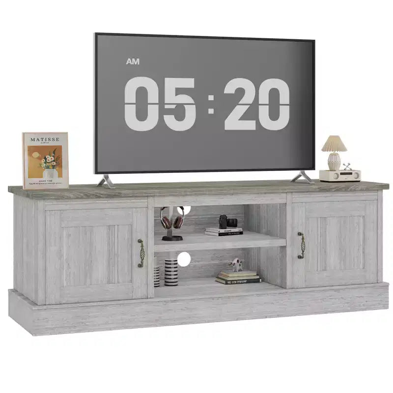 Farmhouse-style TV stand with storage cabinet, modern media console featuring rustic wood grain design, suitable for living rooms and home offices.
