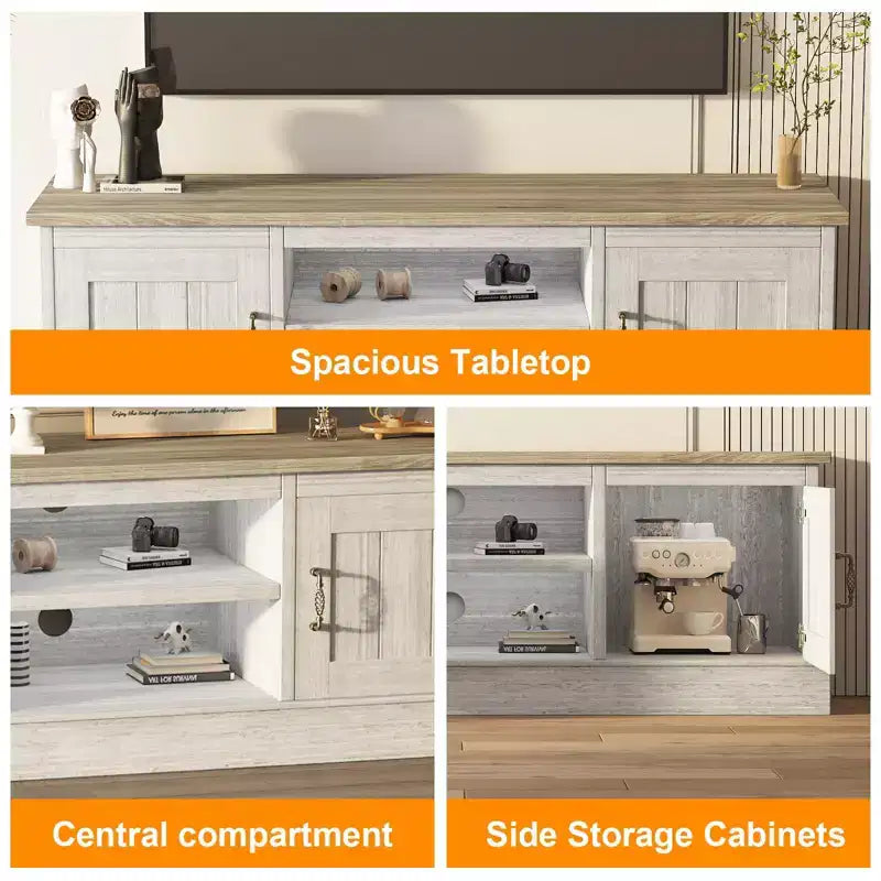 Farmhouse-style TV stand with storage cabinet, modern media console featuring rustic wood grain design, suitable for living rooms and home offices.
