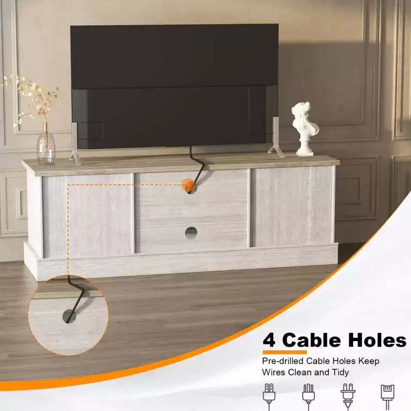 Farmhouse-style TV stand with storage cabinet, modern media console featuring rustic wood grain design, suitable for living rooms and home offices.