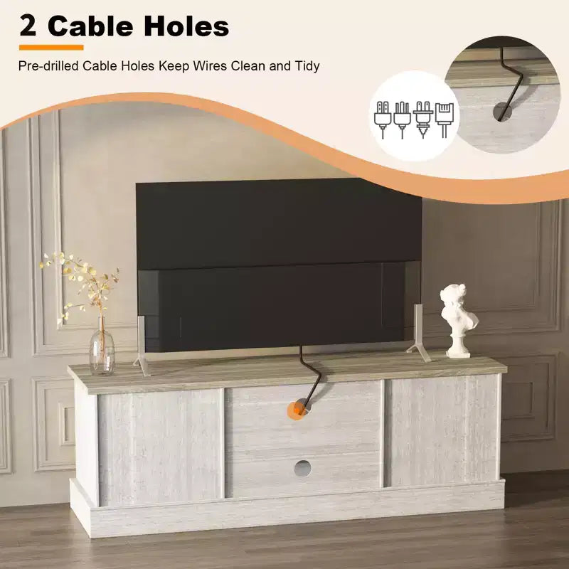 Farmhouse-style TV stand with storage cabinet, modern media console featuring rustic wood grain design, suitable for living rooms and home offices.
