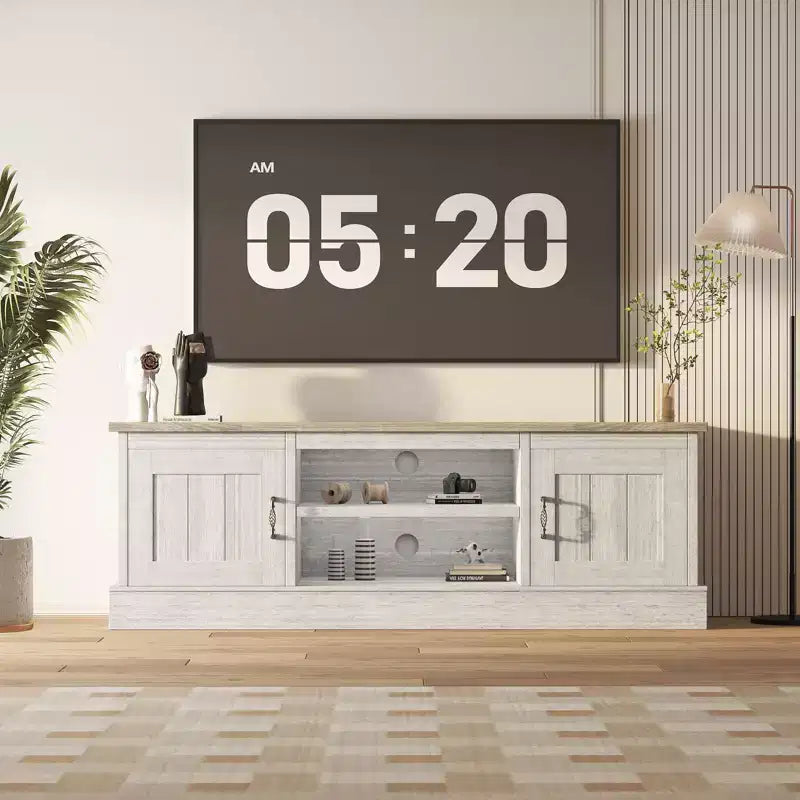 Farmhouse-style TV stand with storage cabinet, modern media console featuring rustic wood grain design, suitable for living rooms and home offices.