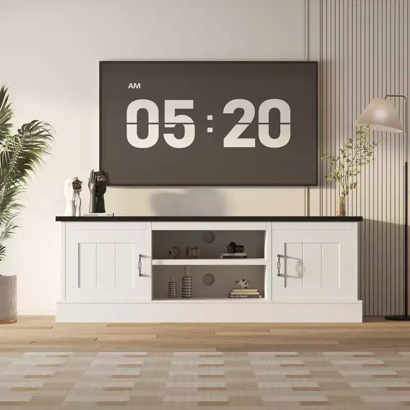 Farmhouse-style TV stand with storage cabinet, modern media console featuring rustic wood grain design, suitable for living rooms and home offices.