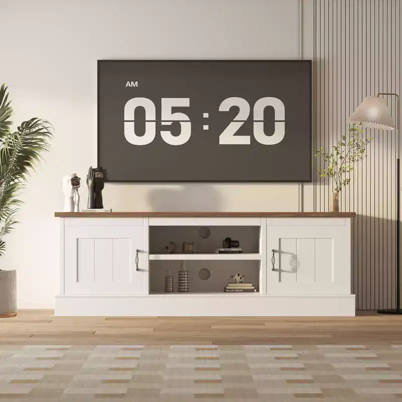 Farmhouse-style TV stand with storage cabinet, modern media console featuring rustic wood grain design, suitable for living rooms and home offices.