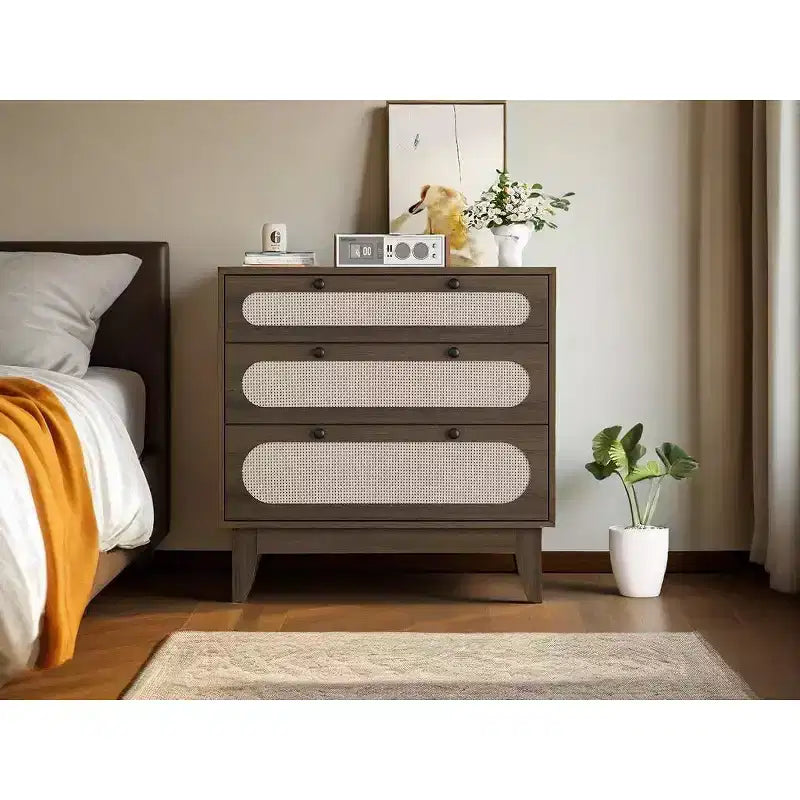 Three-Drawer Dressing Cabinet, Modern Farmhouse Style Wooden Slim-Profile Bedside Table with Three Drawers, for Bedroom or Living Room