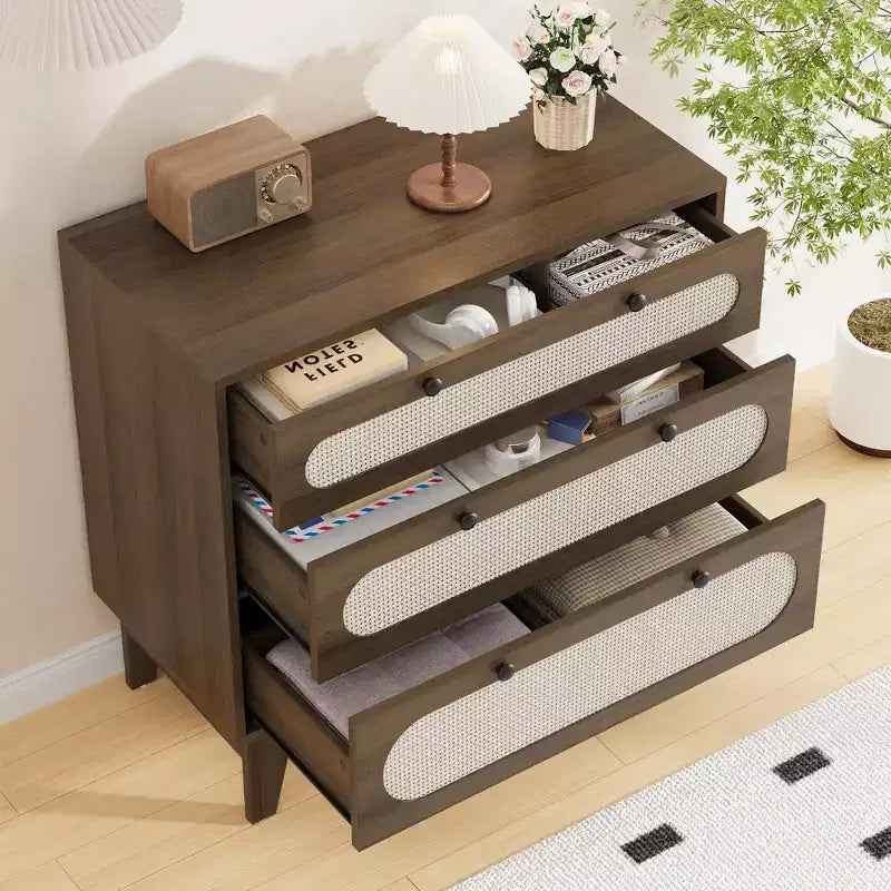 Three-Drawer Dressing Cabinet, Modern Farmhouse Style Wooden Slim-Profile Bedside Table with Three Drawers, for Bedroom or Living Room