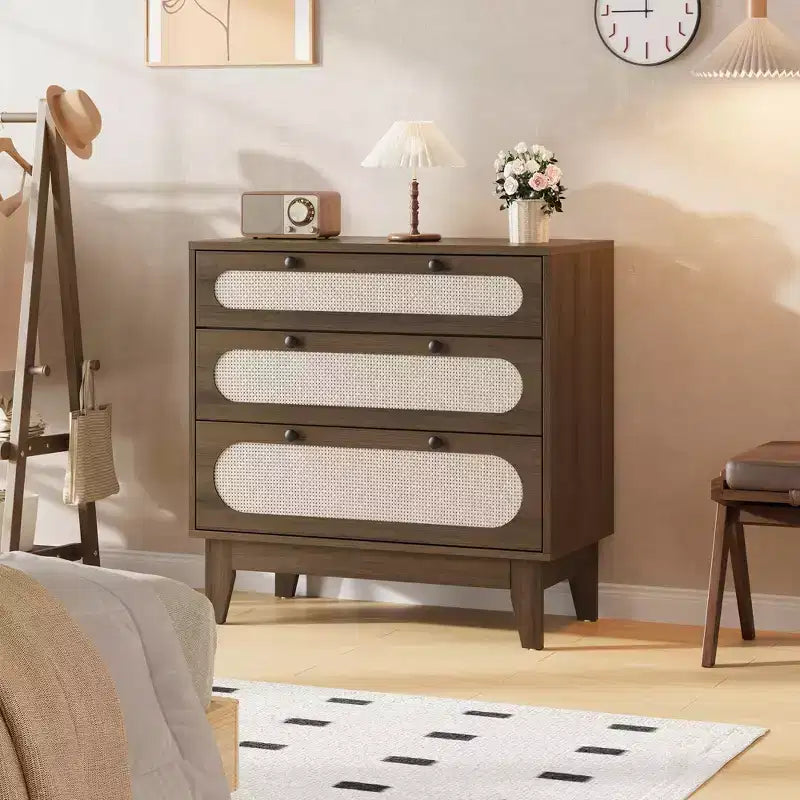 Three-Drawer Dressing Cabinet, Modern Farmhouse Style Wooden Slim-Profile Bedside Table with Three Drawers, for Bedroom or Living Room
