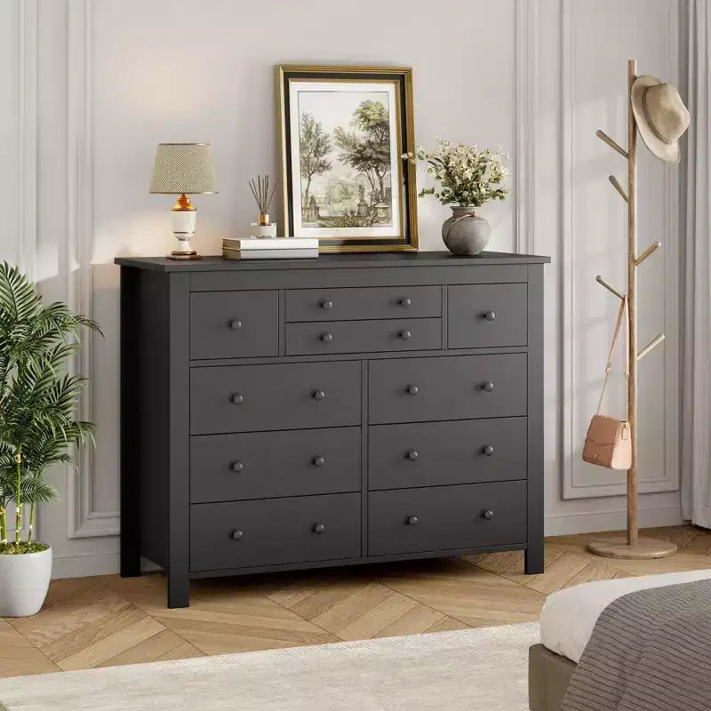 Modern Wooden Storage Dresser for Closet, 10 Drawer Large Black Dresser for Bedroom, Deep Drawers,