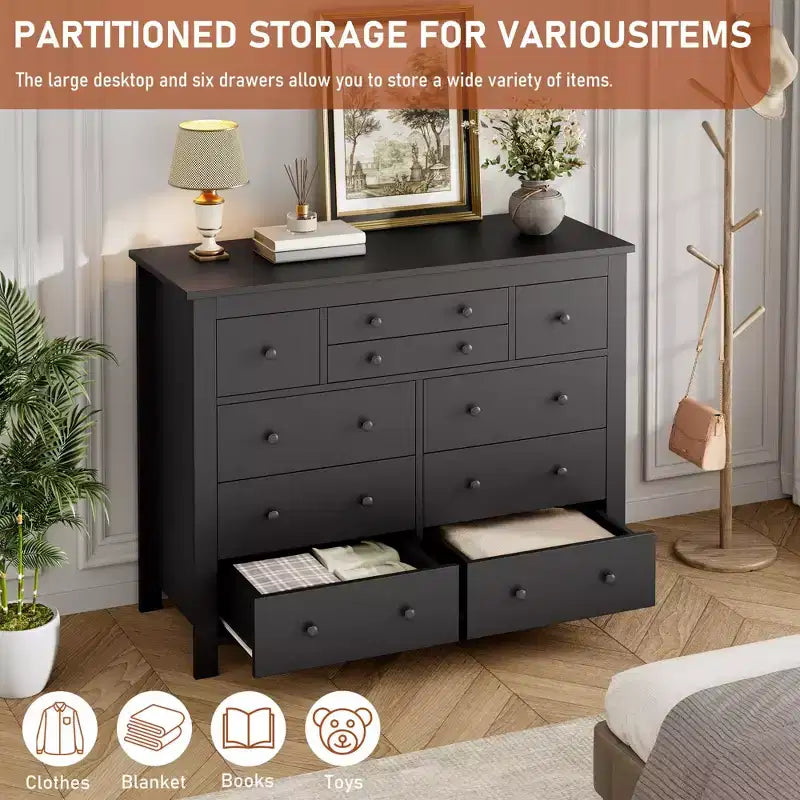 Modern Wooden Storage Dresser for Closet, 10 Drawer Large Black Dresser for Bedroom, Deep Drawers,