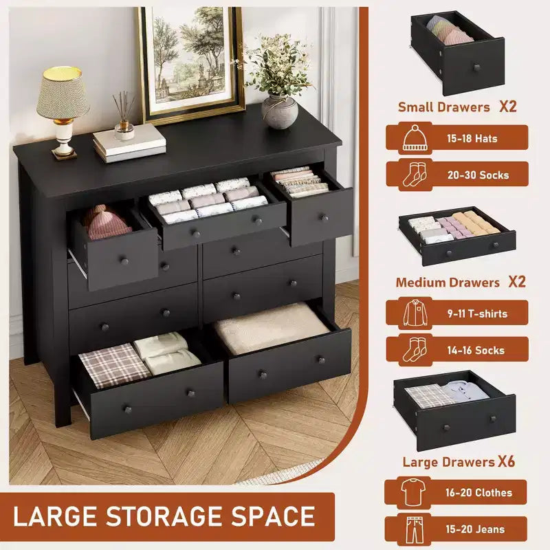 Modern Wooden Storage Dresser for Closet, 10 Drawer Large Black Dresser for Bedroom, Deep Drawers,
