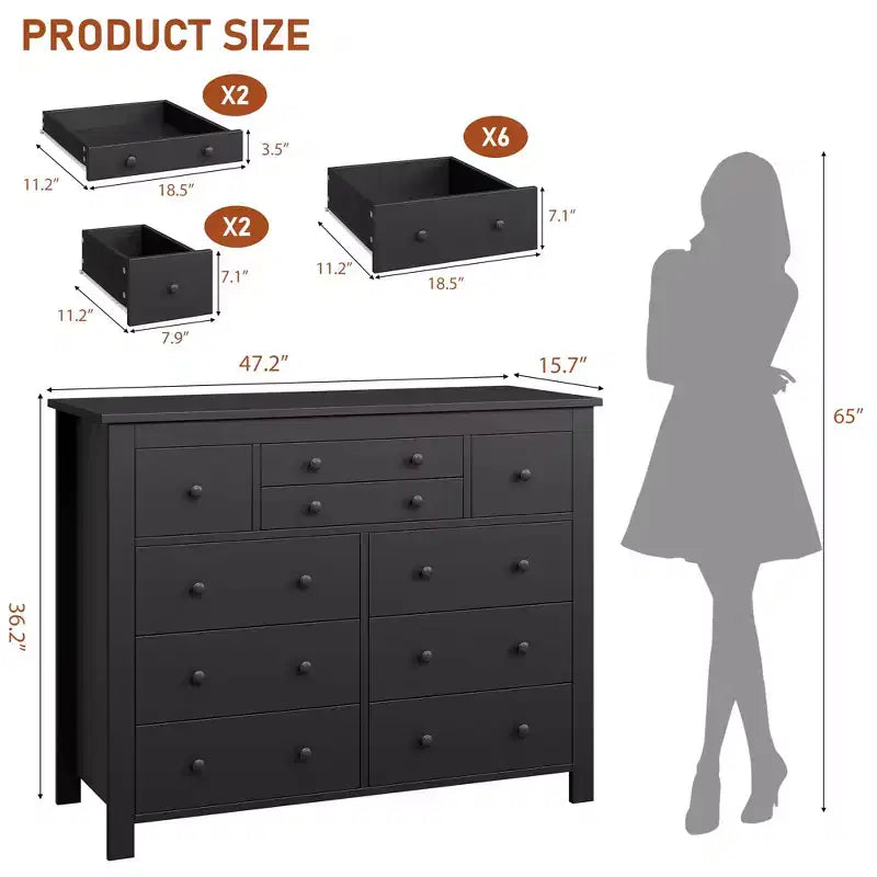Modern Wooden Storage Dresser for Closet, 10 Drawer Large Black Dresser for Bedroom, Deep Drawers,