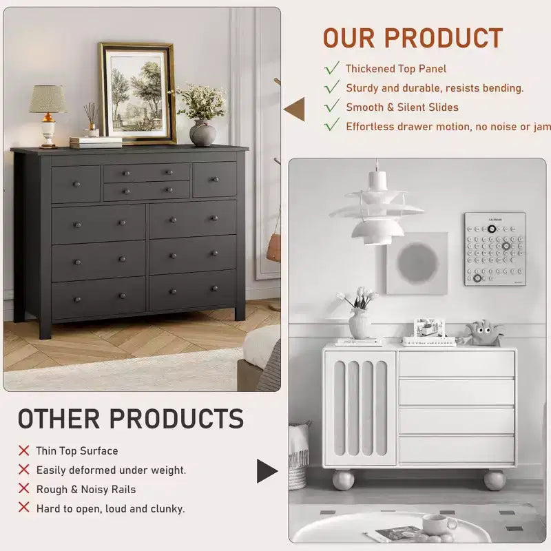 Modern Wooden Storage Dresser for Closet, 10 Drawer Large Black Dresser for Bedroom, Deep Drawers,