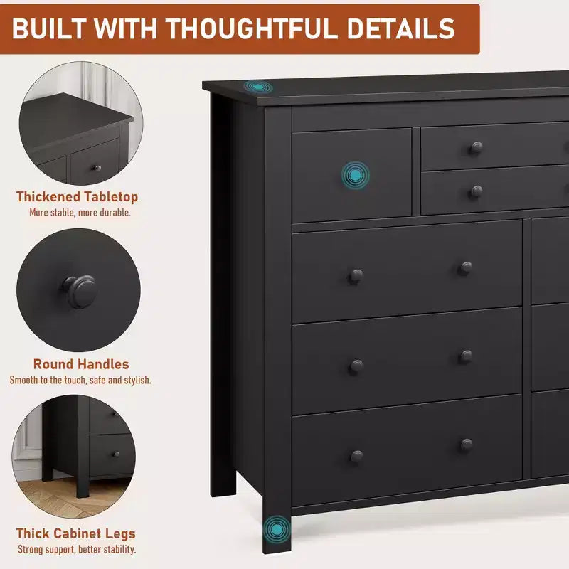 Modern Wooden Storage Dresser for Closet, 10 Drawer Large Black Dresser for Bedroom, Deep Drawers,