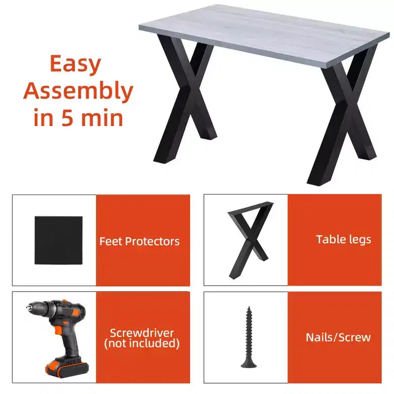 Set of 2 Steel Table Legs, X-Shaped Heavy Duty Dining Table Legs, Industrial-Style Furniture Support, Four Protective Floor Pads for Work Tables