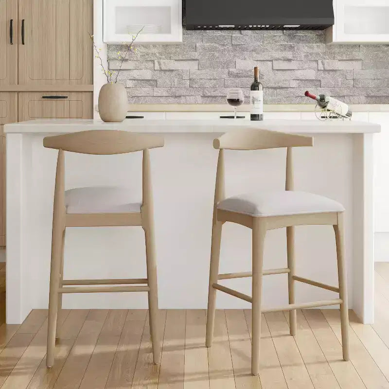 Mid-Century Modern Rubberwood Upholstered Bar Stools (Set of 2)