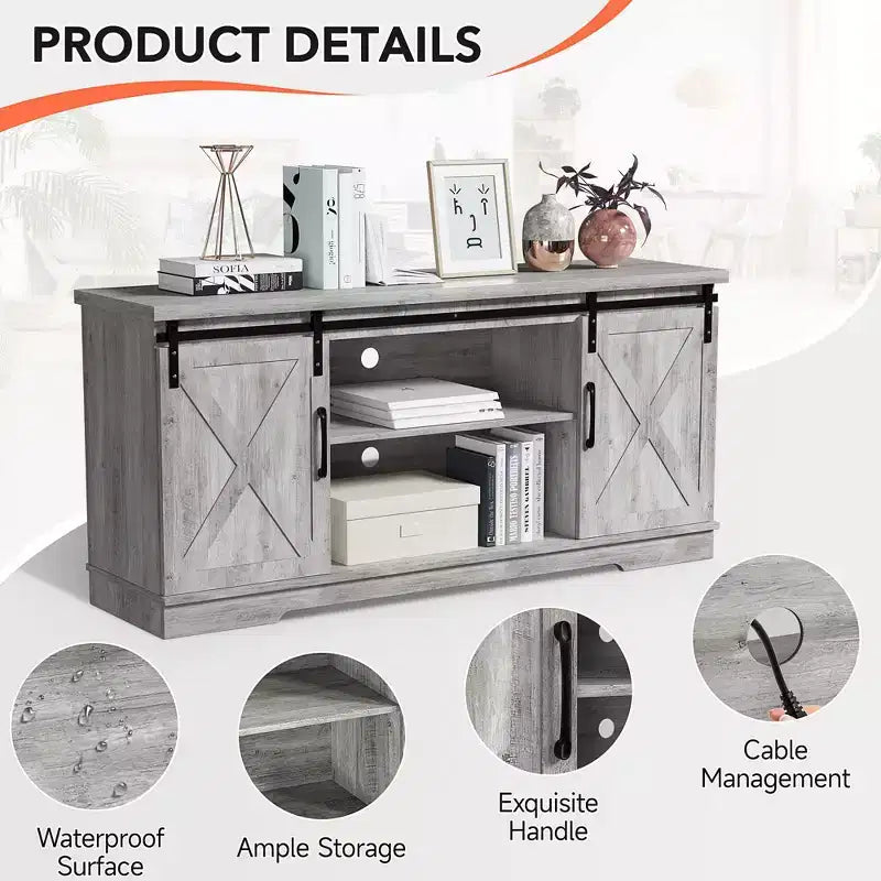 Entertainment Center, 58 Inch TV Stand for 65 Inch TV, TV Cabinet with Barn Doors, Industrial Media Console Storage Cabinet Sideboard for Living Room