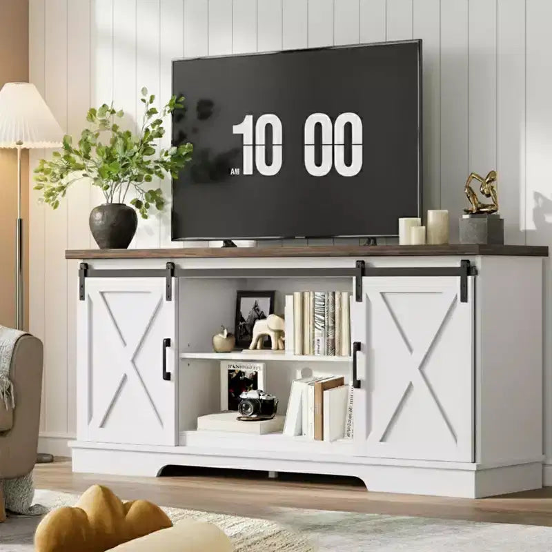 Entertainment Center, 58 Inch TV Stand for 65 Inch TV, TV Cabinet with Barn Doors, Industrial Media Console Storage Cabinet Sideboard for Living Room