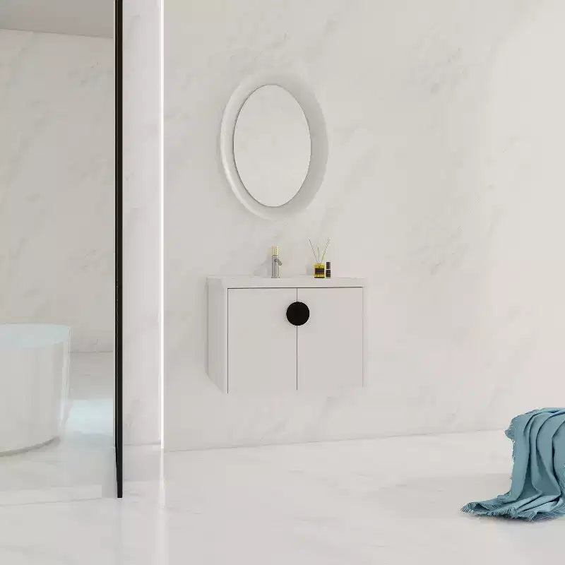 Modern bathroom vanity with ceramic sink, soft-close doors, and scratch-resistant glossy white finish.