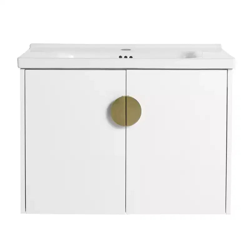 Modern bathroom vanity with ceramic sink, soft-close doors, and scratch-resistant glossy white finish.