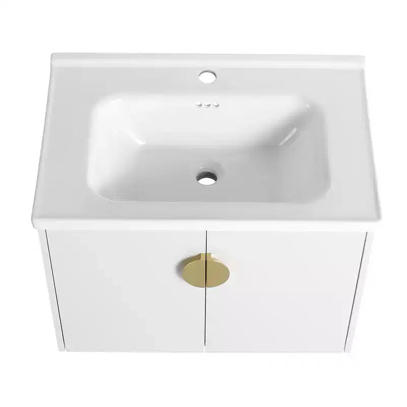Modern bathroom vanity with ceramic sink, soft-close doors, and scratch-resistant glossy white finish.