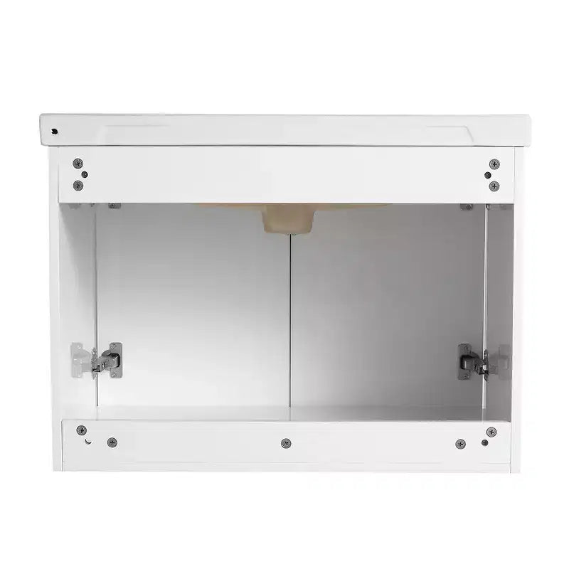 Modern bathroom vanity with ceramic sink, soft-close doors, and scratch-resistant glossy white finish.