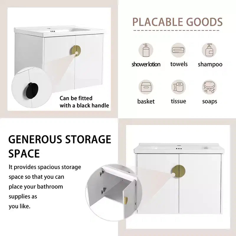 Modern bathroom vanity with ceramic sink, soft-close doors, and scratch-resistant glossy white finish.