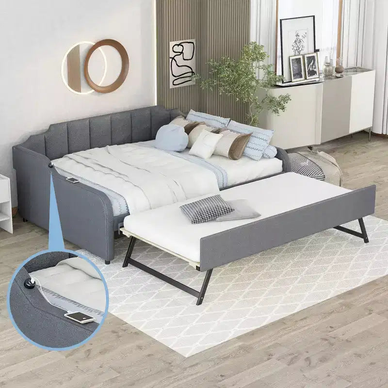Full Size Upholstery Daybed with Trundle and USB Charging Design, Trundle can be flat or erected, Gray