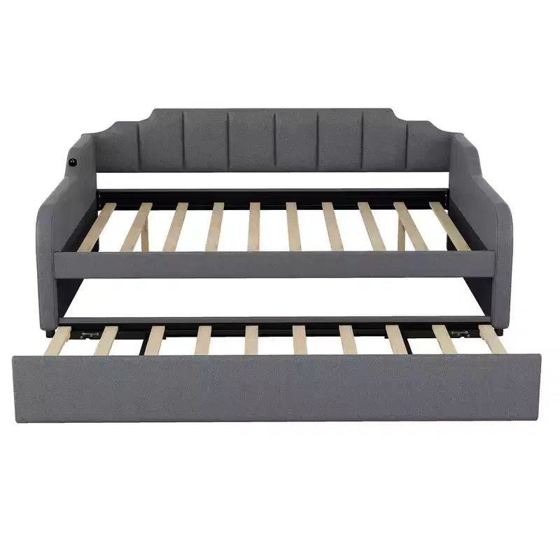 Full Size Upholstery Daybed with Trundle and USB Charging Design, Trundle can be flat or erected, Gray