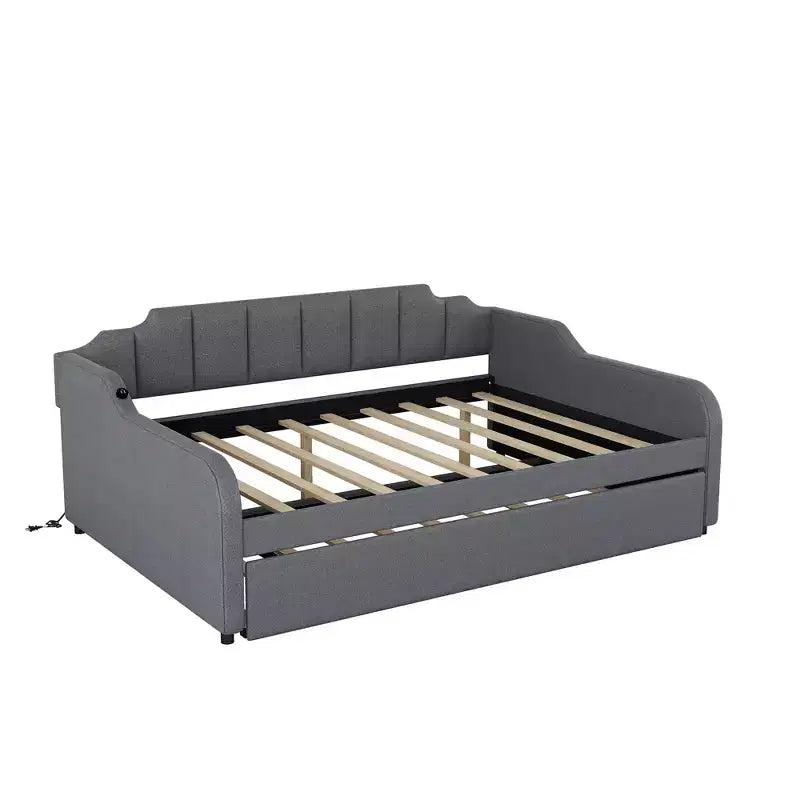 Full Size Upholstery Daybed with Trundle and USB Charging Design, Trundle can be flat or erected, Gray