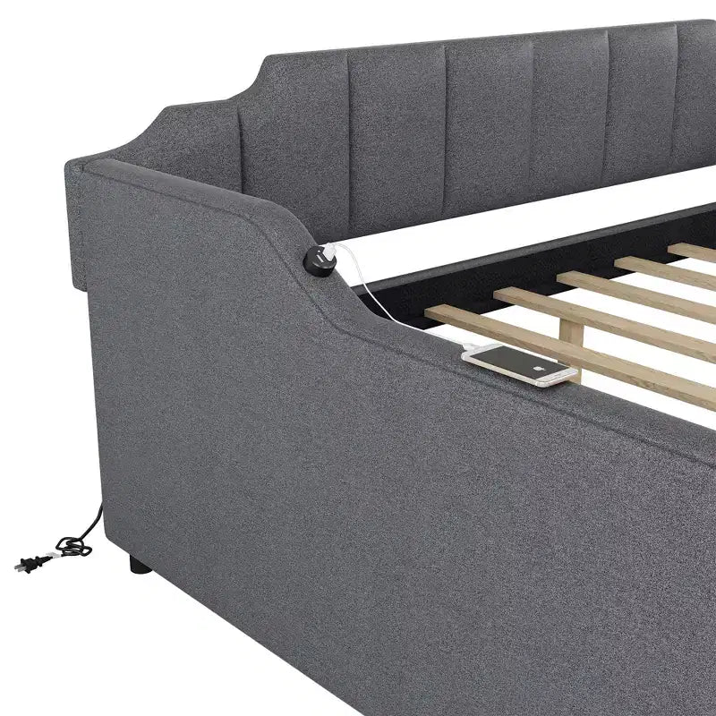Full Size Upholstery Daybed with Trundle and USB Charging Design, Trundle can be flat or erected, Gray