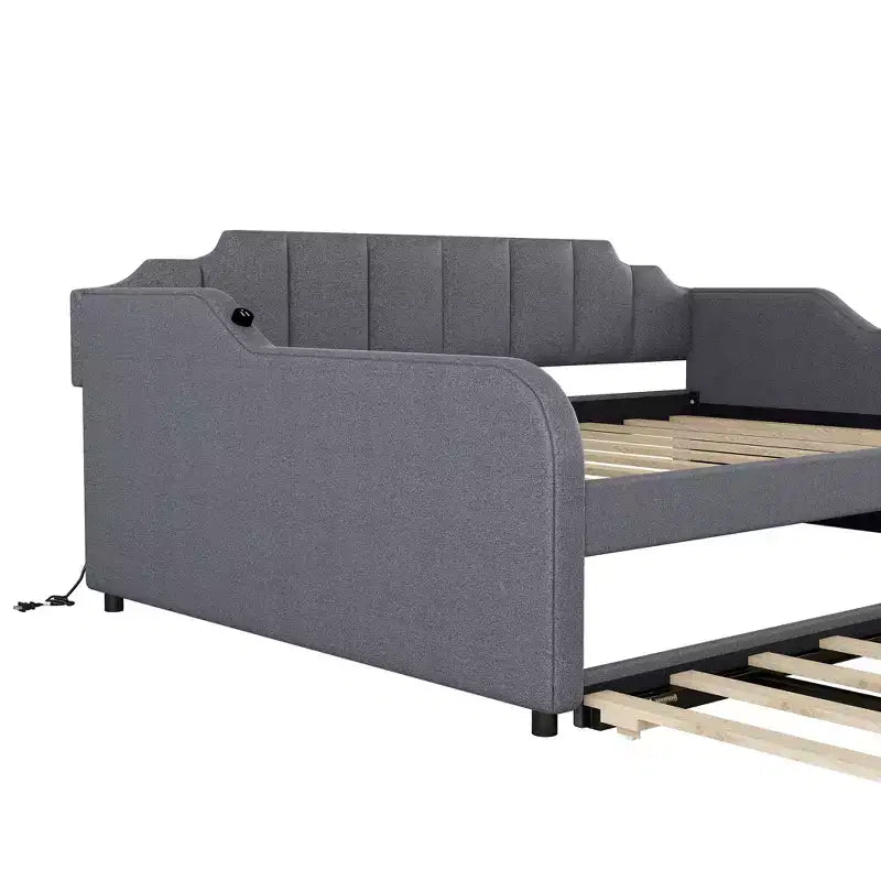 Full Size Upholstery Daybed with Trundle and USB Charging Design, Trundle can be flat or erected, Gray