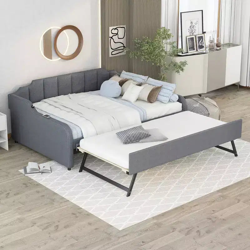Full Size Upholstery Daybed with Trundle and USB Charging Design, Trundle can be flat or erected, Gray