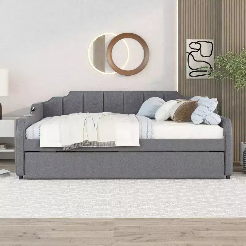 Full Size Upholstery Daybed with Trundle and USB Charging Design, Trundle can be flat or erected, Gray