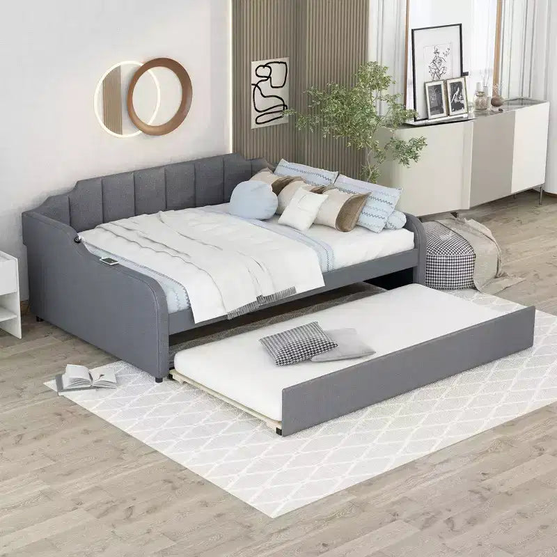 Full Size Upholstery Daybed with Trundle and USB Charging Design, Trundle can be flat or erected, Gray