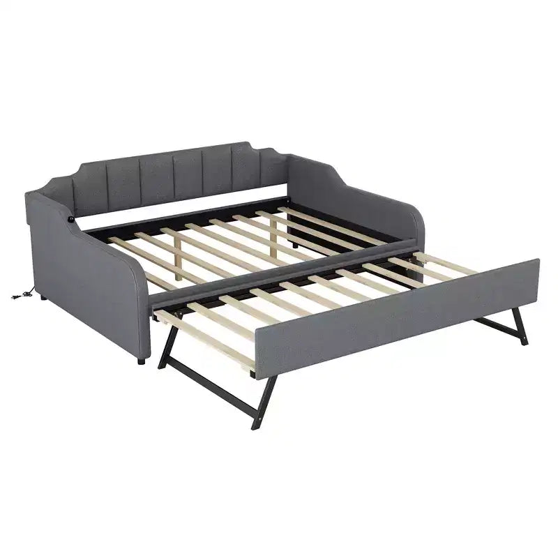 Full Size Upholstery Daybed with Trundle and USB Charging Design, Trundle can be flat or erected, Gray