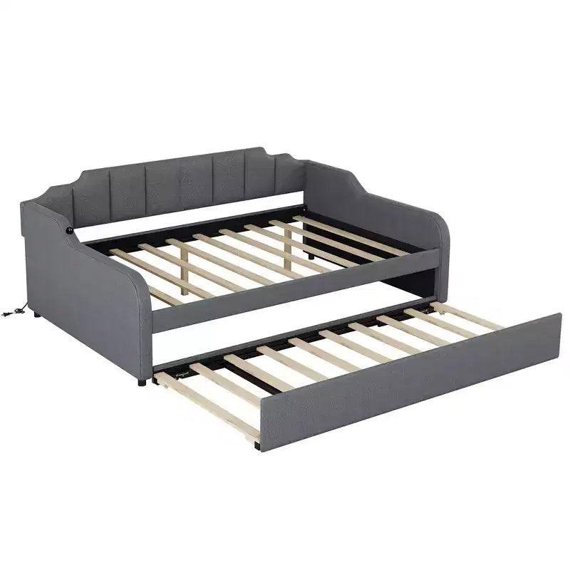 Full Size Upholstery Daybed with Trundle and USB Charging Design, Trundle can be flat or erected, Gray