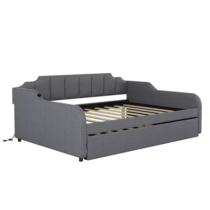 Full Size Upholstery Daybed with Trundle and USB Charging Design, Trundle can be flat or erected, Gray