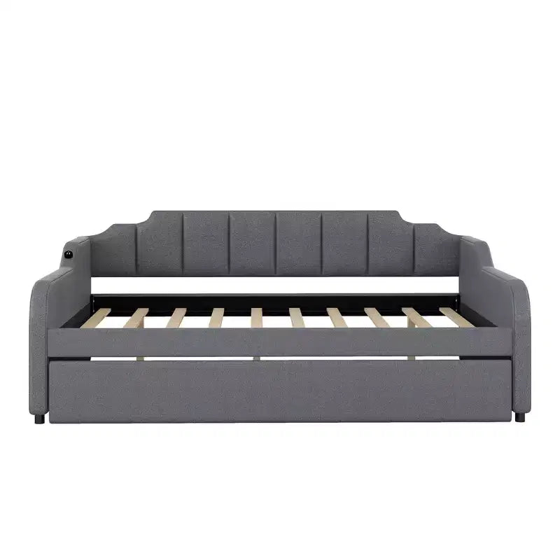 Full Size Upholstery Daybed with Trundle and USB Charging Design, Trundle can be flat or erected, Gray
