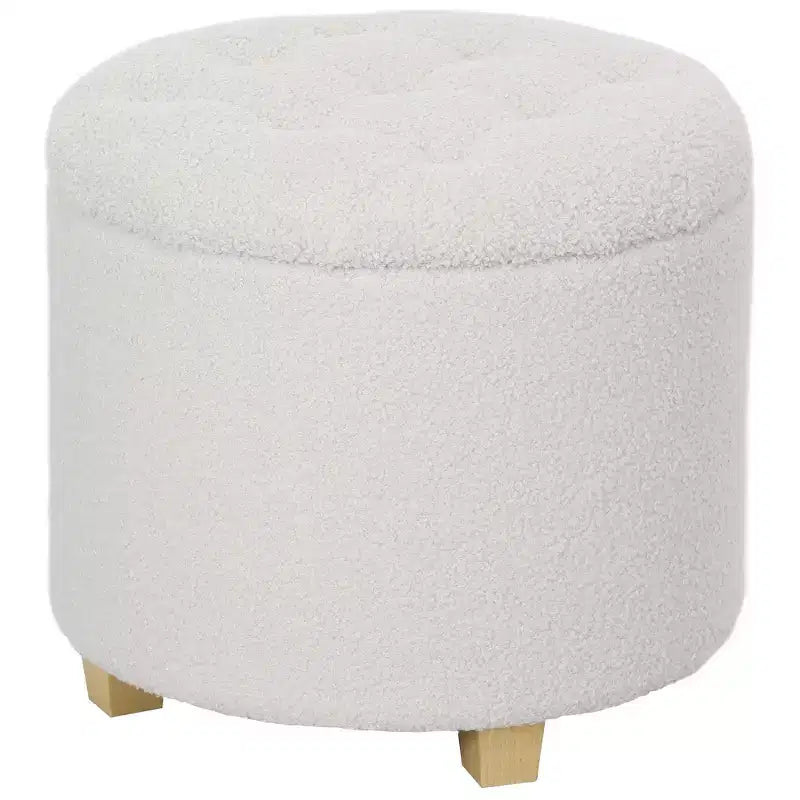 18 Round Ottoman with Storage, Teddy Fleece Button Tufted Foot Stool with Lid Legs for Living Room Hallway