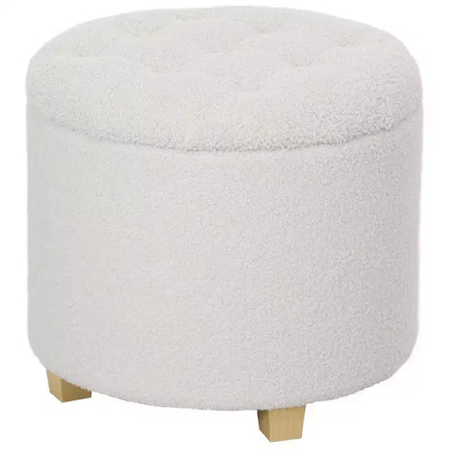 18 Round Ottoman with Storage, Teddy Fleece Button Tufted Foot Stool with Lid Legs for Living Room Hallway