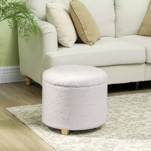 18 Round Ottoman with Storage, Teddy Fleece Button Tufted Foot Stool with Lid Legs for Living Room Hallway