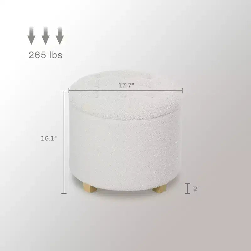 18 Round Ottoman with Storage, Teddy Fleece Button Tufted Foot Stool with Lid Legs for Living Room Hallway