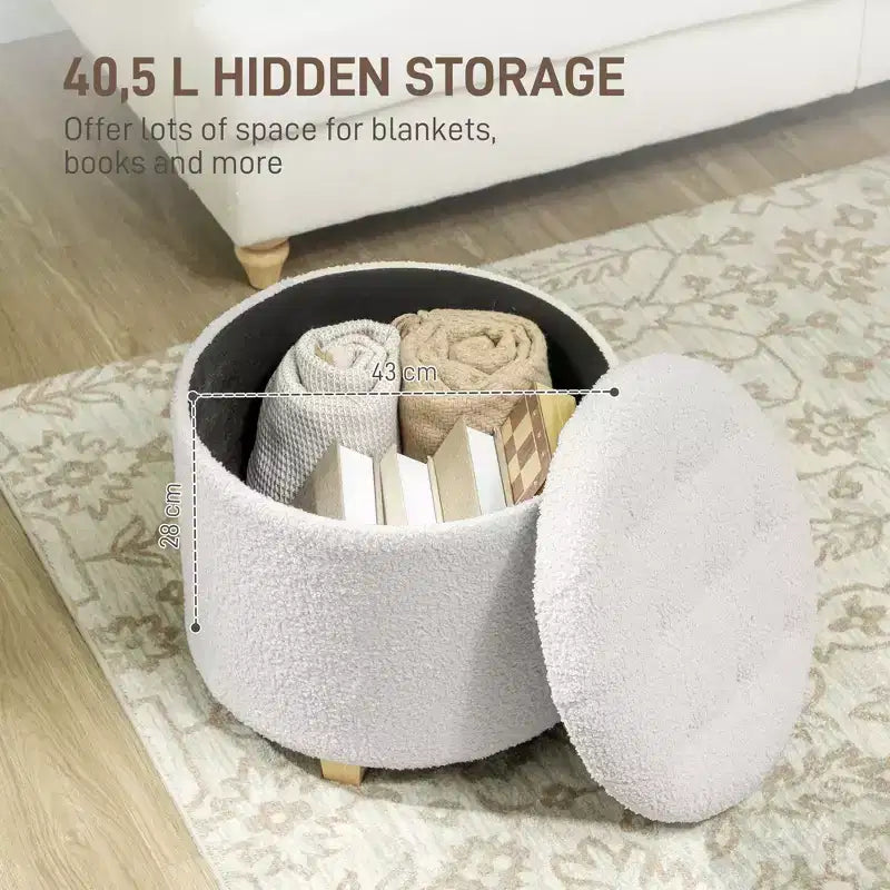 18 Round Ottoman with Storage, Teddy Fleece Button Tufted Foot Stool with Lid Legs for Living Room Hallway