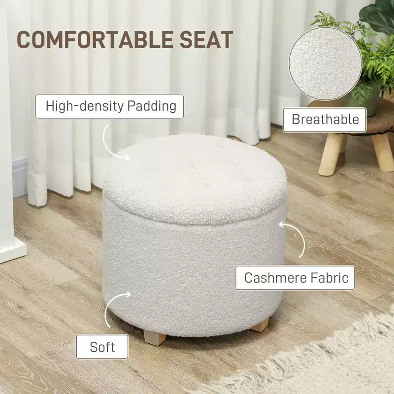 18 Round Ottoman with Storage, Teddy Fleece Button Tufted Foot Stool with Lid Legs for Living Room Hallway
