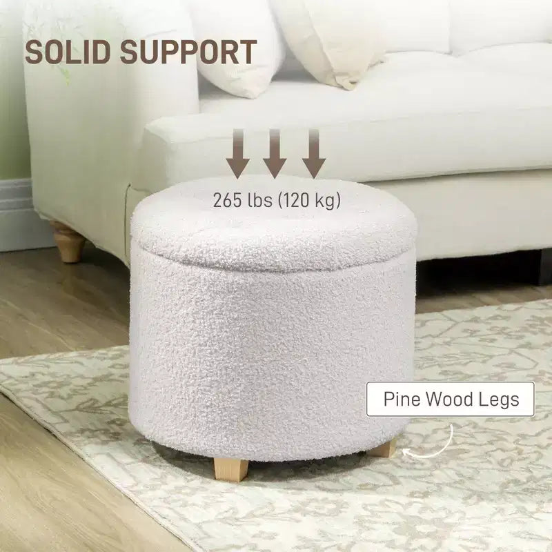 18 Round Ottoman with Storage, Teddy Fleece Button Tufted Foot Stool with Lid Legs for Living Room Hallway