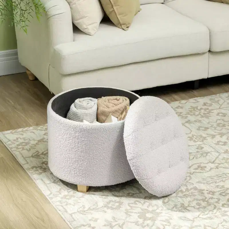 18 Round Ottoman with Storage, Teddy Fleece Button Tufted Foot Stool with Lid Legs for Living Room Hallway