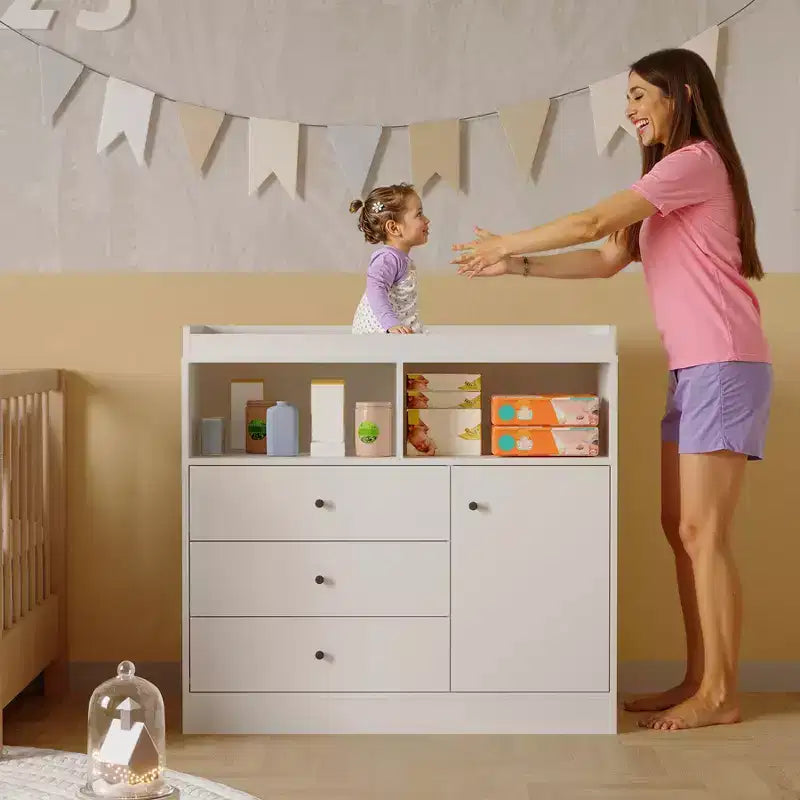 White Nursery Dresser with Changing Top Tall Wooden Diaper Station with 3 Drawers & 2 Shelves for Kids Room (1-Piece)